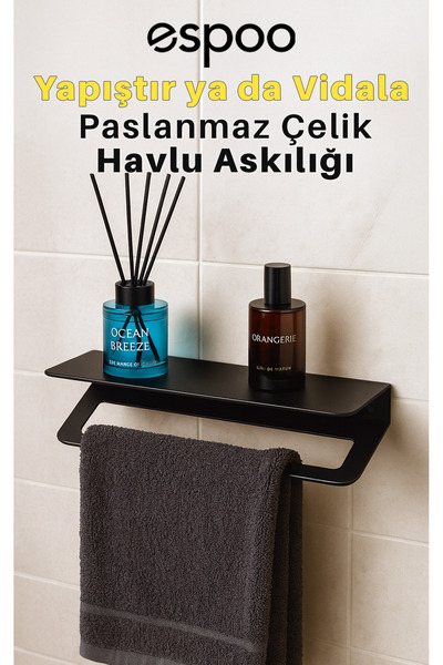 Espoo Design Paslanmaz Çelik Yapışkanlı Raflı Banyo Havlu Tutacağı Havlu Askı...