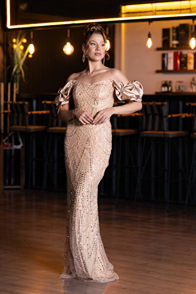 Abiyefon Gold Kısa Kol Boncuklu Uzun Taşlı Balık Abiye Elbise ABU4509