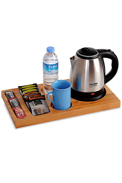 WOODCRAFT Hotel Type Kettle Water Heater and Wooden Serving Tray Guest Welcome Set Hospitality Set