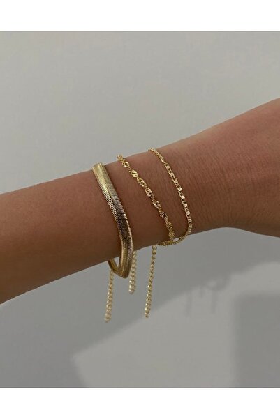 irva collection Altın Kaplama 3'lü Zincir Kombin Bileklik Seti - Yılan Singapur Ezme Zincir Kombin Bileklik Seti