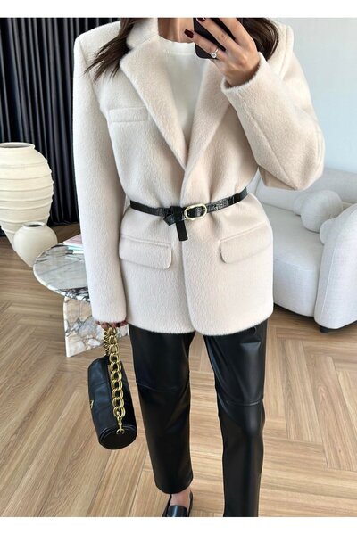 FMN Moda Belted Plush Fur Textured Thick Lining Design Buttoned Equivalent Blazer Jacket Coat