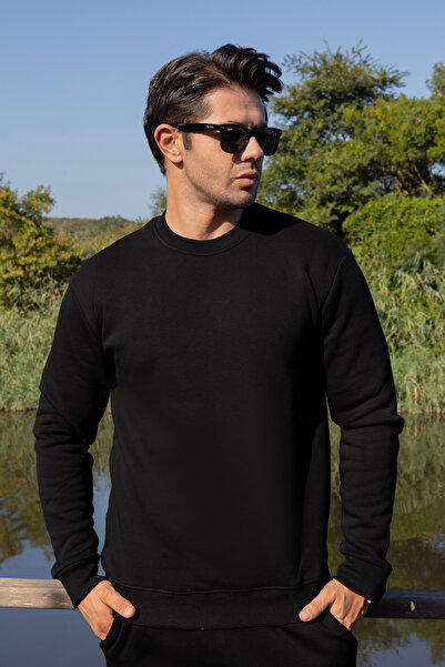 FRANCO RENZO Erkek Pamuklu Yumuşacık Bisiklet Yaka Içi Polarlı Siyah Sweatshirt