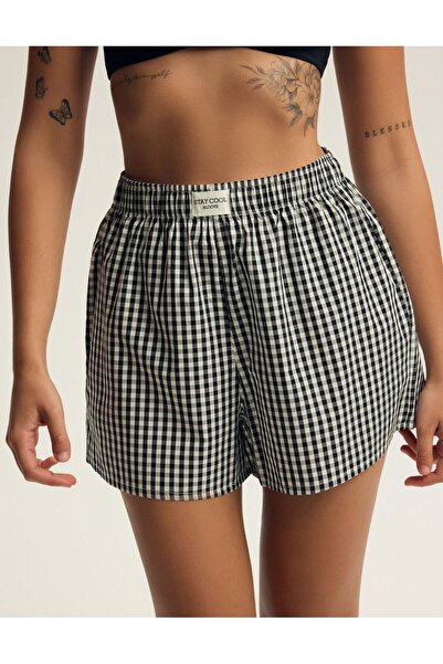 Bloovii Women's Shorts 100% Cotton Pyjama Style Vichy Check Relaxed Oversize ...