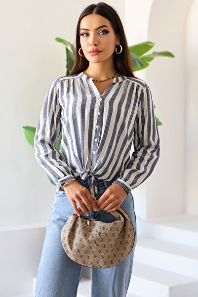 Kübra Tekstil Νέα σεζόν Γυναικείο μακρυμάνικο ριγέ πουκάμισο με δέσιμο μπροστά – Γυναικεία μπλούζα