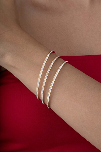 Gümüş Pazarım Tek Sıra Taşlı Altın Kaplama Üçlü Ajda Kadın Çelik Bilezik