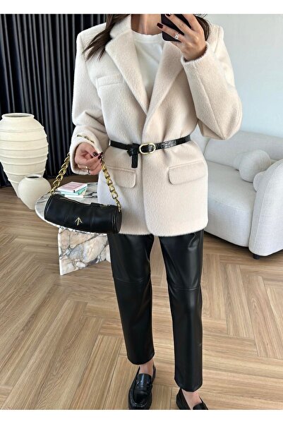 FMN Moda Belted Plush Fur Textured Thick Lining Design Buttoned Equivalent Blazer Jacket Coat