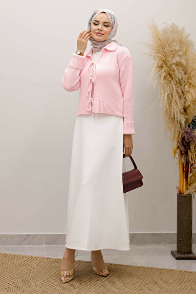 Tesettür Dünyası Lace-Up Knitwear Cardigan Tsd250220 Pink