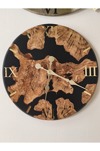 Simeranya Dekor Zeytin Ahşap & Opak Siyah – 50 cm – Ahşap Epoksi Duvar Saati