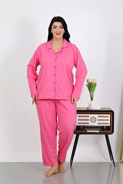 Beruflic طقم بيجامة نسائية وردية اللون بأزرار وجيب من القطن مقاس كبير