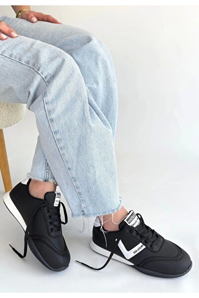 hibiscus Jowen Black Leather White Detailed Lace-Up Sneakers