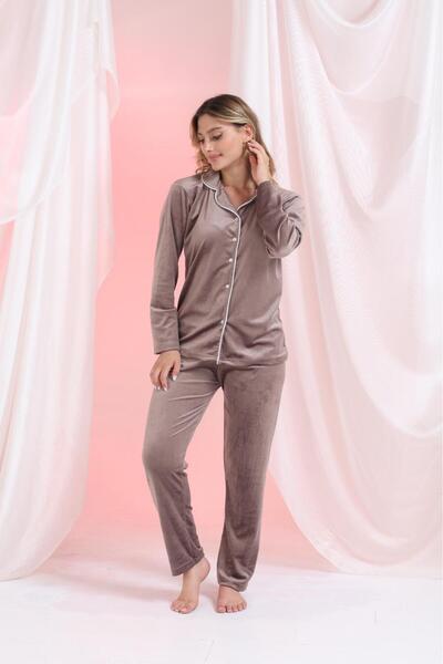 MEBA Front Buttoned Velvet Winter Women's Pajama Set