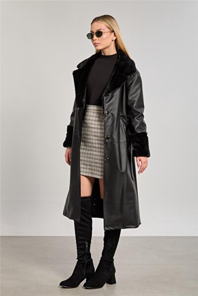 BARRELS AND OIL Women's leather look faux fur coat - black