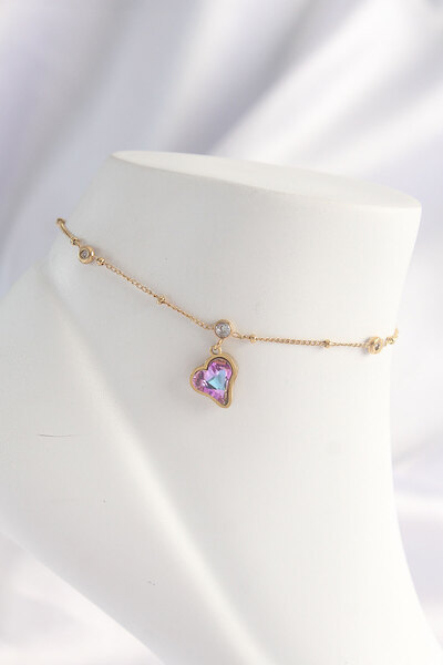 Skygo 316L Steel Gold Color Colorful Zircon Stone Heart Anklet - Tj-Hh1609