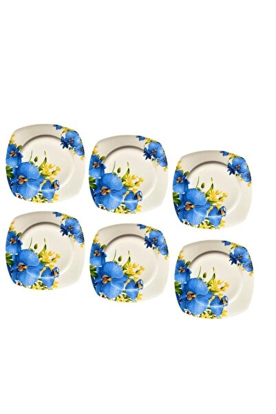 ORIAN طقم أطباق عشاء مربعة من بون تشاينا، 6 قطع، 27 سم، أزرق وردي