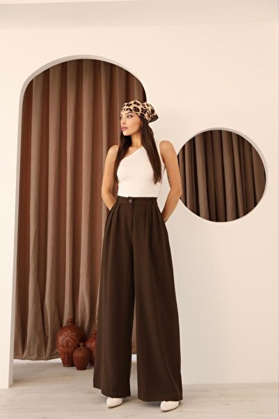 Stil Sepeti Women's Brown High Waist 3 Pleated Palazzo Fabric Pants Drl-10001138