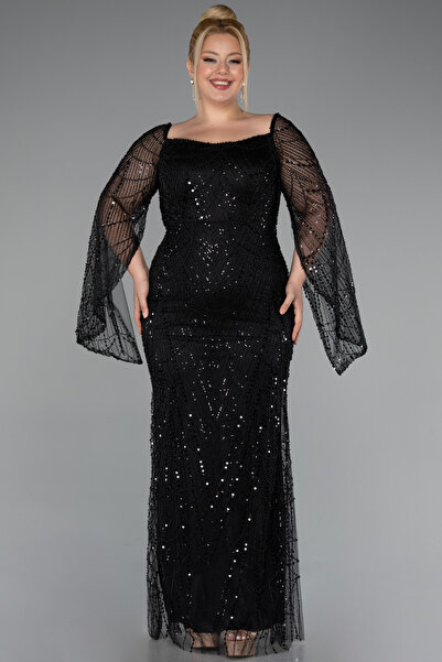 Abiyefon Siyah Uzun Kol Boncuklu Büyük Beden Abiye ABU5067