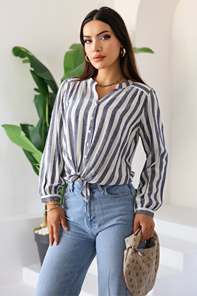 Kübra Tekstil Νέα σεζόν Γυναικείο μακρυμάνικο ριγέ πουκάμισο με δέσιμο μπροστά – Γυναικεία μπλούζα