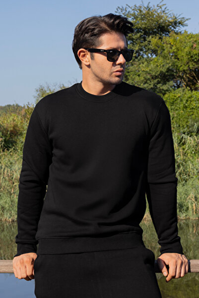 FRANCO RENZO Erkek Pamuklu Yumuşacık Bisiklet Yaka Içi Polarlı Siyah Sweatshirt