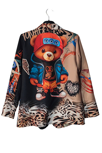 OEM Women's black jacket with multicolored teddy bear print