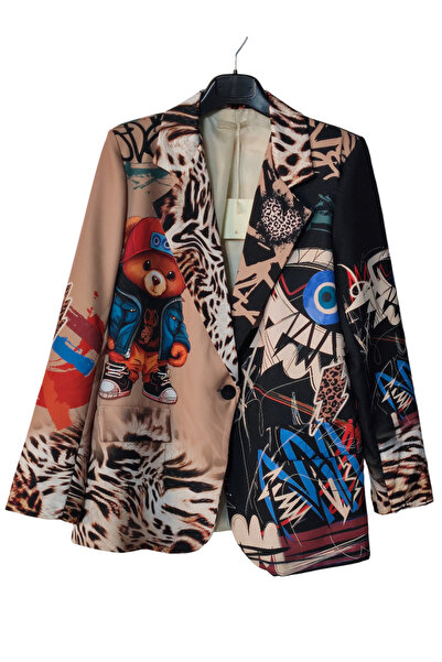 OEM Women's black jacket with multicolored teddy bear print