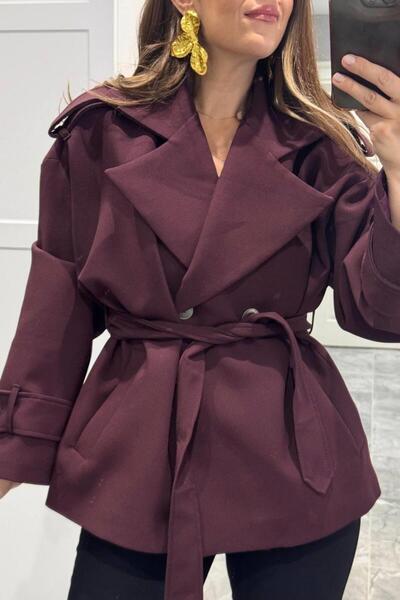 Banu Angay Kruvaze Yaka Kuşaklı Astarlı Trençkot Mürdüm