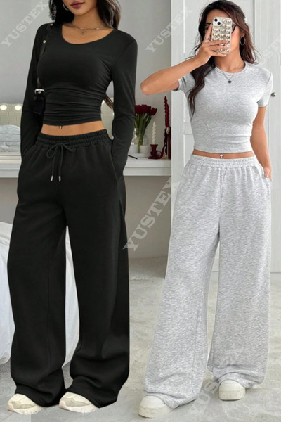 CAONNES 2 bucăți Pantaloni de damă negri + gri, mărime mare, largi, cu croial...