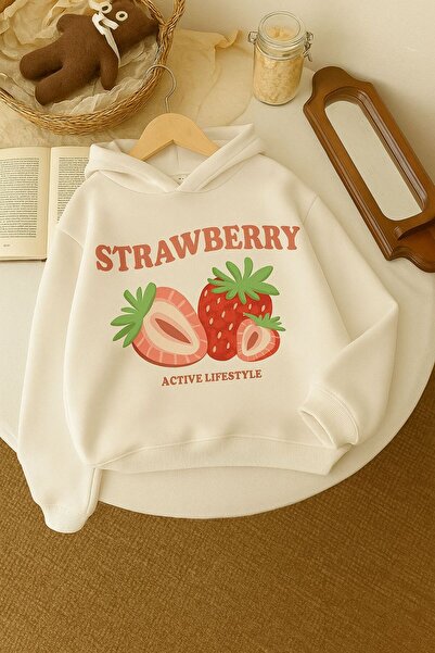 BENROMA Παιδικό φούτερ με κουκούλα, 3 νήματα, χτενισμένο βαμβάκι, με στάμπα φράουλας, unisex