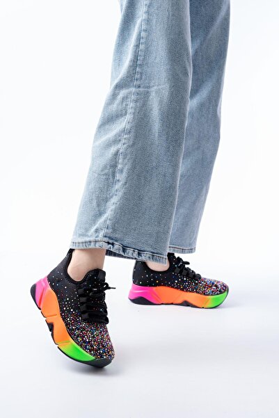 Mida Shoes RS-403 Siyah Bağcıklı Fileli Multi Taşlı Renkli Taban Günlük Kadın...