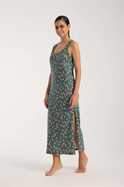 Beruflic Women's Thick Strap Slit Long Green Nightdress