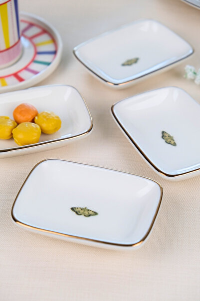 tabakevi Tabak Evi Porcelain Natura Butterfly Gold Gilded Rectangular Boat Plate 10X7X2Cm 4 Pcs