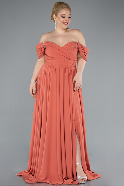 Abiyefon Şeftali Kayık Yaka Uzun Şifon Büyük Beden Abiye ABU3738