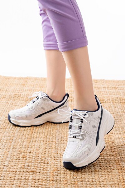 Mida Shoes F-329 Beyaz Günlük Bağcıklı Lacivert Desenli Yazlık Spor Ayakkabı