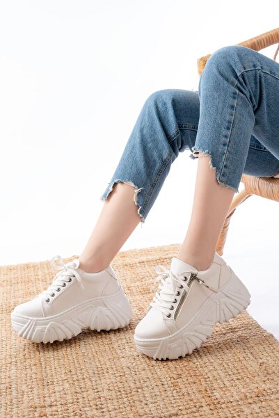Mida Shoes SP-156 Beyaz Bağcıklı Fermuarlı Yüksek Taban Günlük Spor Ayakkabı