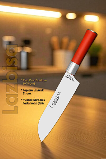 LAZBİSA Red Craft Serisi Mutfak Bıçak Santoku Şef Bıçağı Et Ekmek Sebze Salat...
