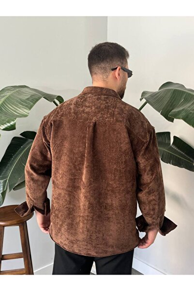 Gambocci Ανδρικό πουκάμισο μονόχρωμο κοτλέ βελούδινο oversized φαρδύ κομμένο