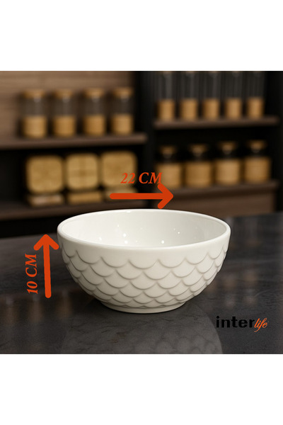 İnterlife Round Ceramic Serving Bowl with Handle Luxury Serving Bowl Salad Bowl Appetizer Serving Plate