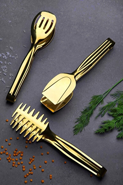 Komşu Züccaciye Gold Service Presentation Pasta Cake Salad Cake Tongs Set Set of 3