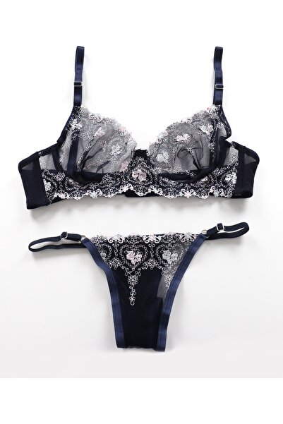 3nbe Women's Bra Set Navy Blue Lace Detailed