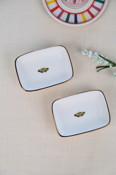 tabakevi Tabak Evi Porcelain Natura Butterfly Gold Gilded Rectangular Boat Plate 10X7X2Cm 2 Pieces