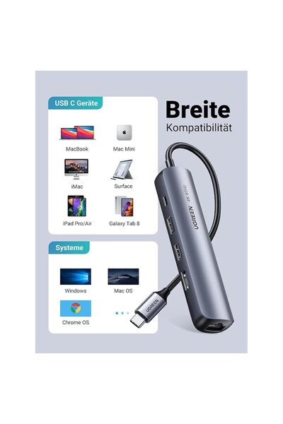 Ugreen Hub USB-C Adapter with 2 x USB 3.0, USB-C PD 100W, HDMI 4K 60Hz, Ethernet RJ45 1000Mbps