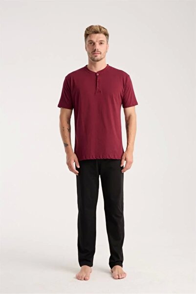 Beruflic Men's Burgundy Button Collar Short Sleeve Pajama Set