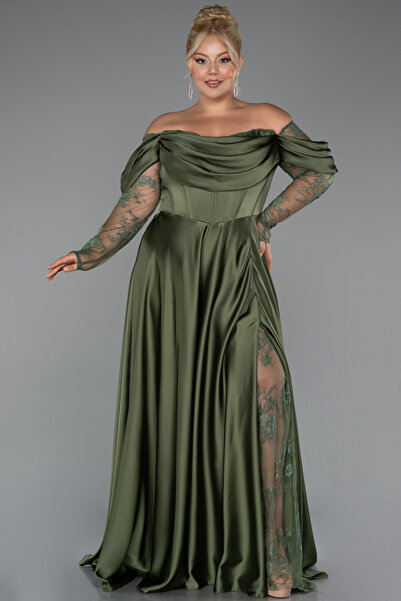 Abiyefon Haki Dantel Uzun Kol Kayık Yaka Saten Büyük Beden Abiye ABU5261