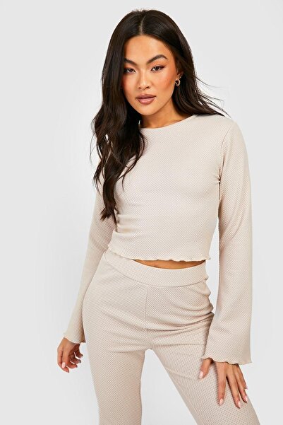 MOVİMENT بلوزة من قماش الوافل باللون البيج مع تفاصيل مكشكشة