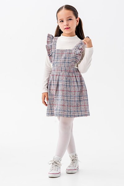 Cansın Mini Blue Girl's Plaid Patterned Salopet Set 22681