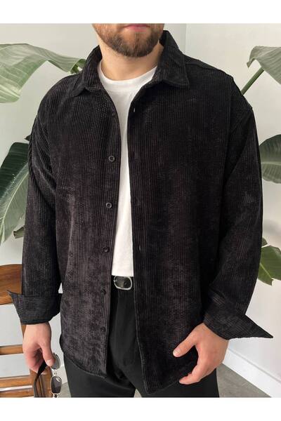 Gambocci Ανδρικό πουκάμισο μονόχρωμο κοτλέ βελούδινο oversized φαρδύ κομμένο