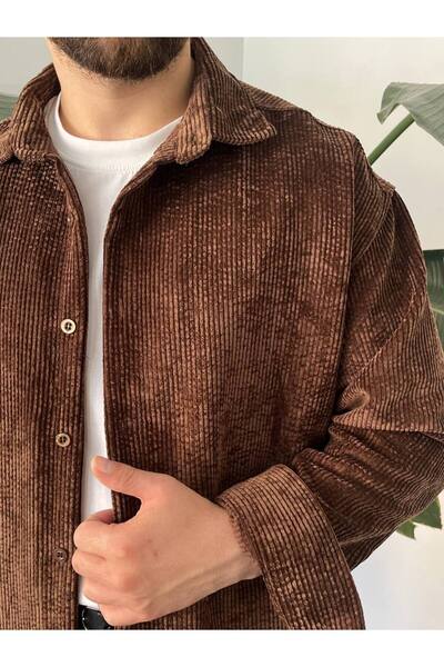 Gambocci Ανδρικό πουκάμισο μονόχρωμο κοτλέ βελούδινο oversized φαρδύ κομμένο