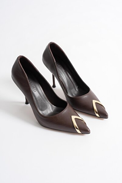 Mubiano Nivora Pantofi cu toc înalt și subțire din piele maro pentru femei, cu accesorii aurii, cu vârf ascuțit, stiletto (9,5 cm)