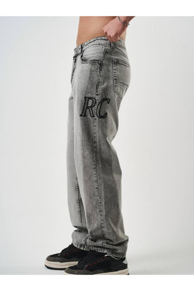 Chirkef Men's Grey Washed Embroidery Printed Loose Fit Premium Fabric Baggy Pants Rc