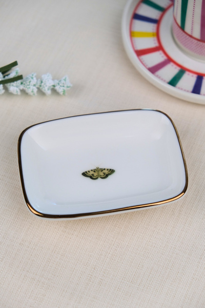 tabakevi Tabak Evi Porcelain Natura Butterfly Gold Gilded Rectangular Boat Plate 10X7X2Cm Single