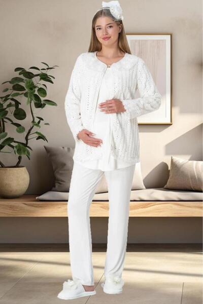 Mecit 5911 Ekru Peluş 3 Lü Pijama Sabahlık Tk